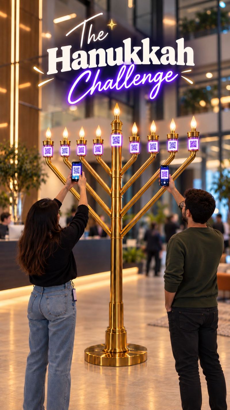 חנוכיית ענק בלובי משרד עם קודי QR על כל נר, ועובדים שסורקים אותם בטלפון